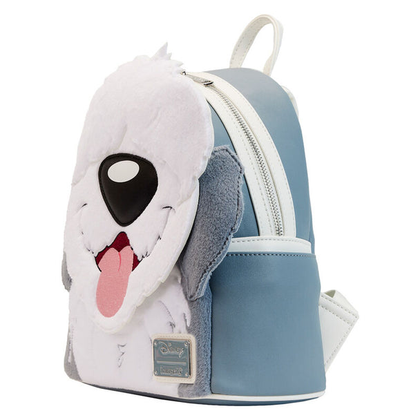 Gros plan sur les appliqués et les impressions colorées du sac à dos Loungefly La Petite Sirène