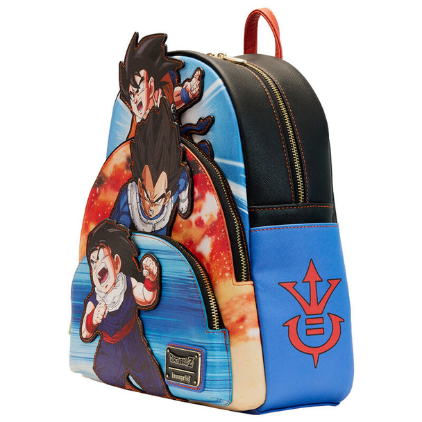 Gros plan sur les accessoires en métal doré robustes du sac à dos Dragon Ball Z Loungefly
