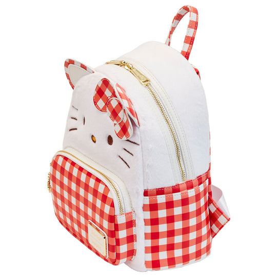 Détail du motif Hello Kitty brodé sur le sac à dos Loungefly, montrant la qualité du travail