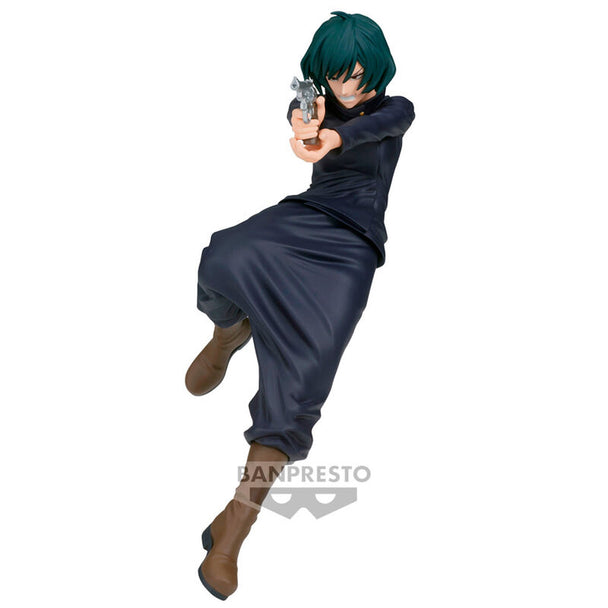 Figurine officielle Mai Zenin Jujutsu Kaisen de 15 cm par BANPRESTO, vue de face avec détails précis.