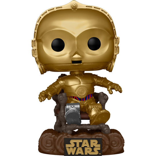 Vue rapprochée de la figurine Funko POP C-3PO Star Wars 40ème anniversaire exposée dans sa boîte cadeau