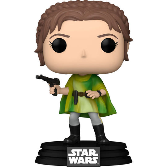 Vue rapprochée de la figurine Funko POP Princess Leia en vinyle dans sa boîte cadeau