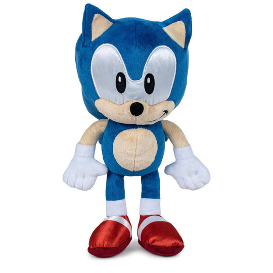 Peluche Sonic The Hedgehog officielle SEGA de 45 cm, vue de face avec détails bleus et blancs, parfaite pour collection ou cadeau.