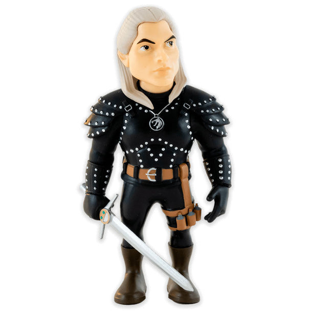 Profil latéral de la figurine Geralt 12cm MINIX montrant son épée et armure détaillée