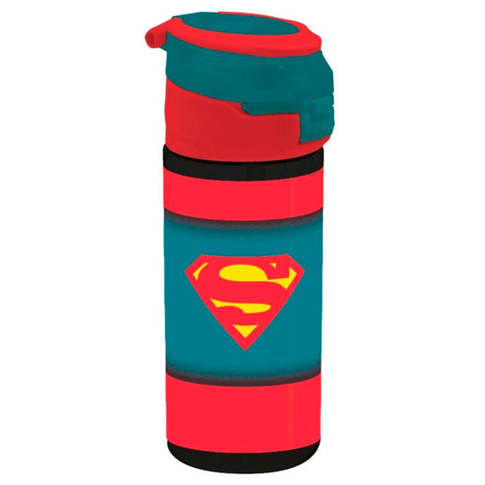 Gourde DC Comics Superman avec logo iconique rouge et bleu sur fond blanc, dimensions 19,7x8,5x7,1 cm.