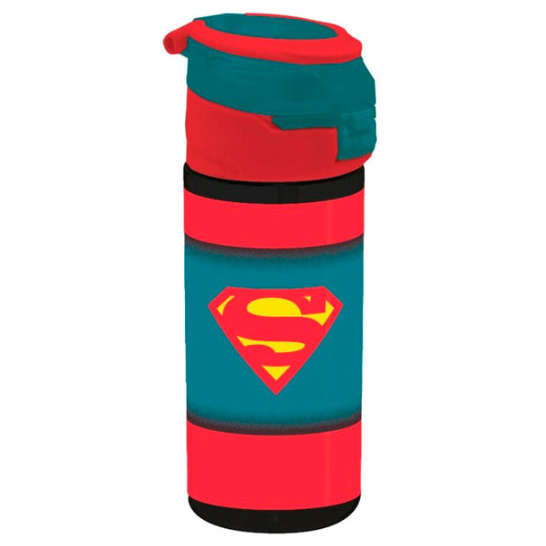 Gourde DC Comics Superman avec logo iconique rouge et bleu sur fond blanc, dimensions 19,7x8,5x7,1 cm.