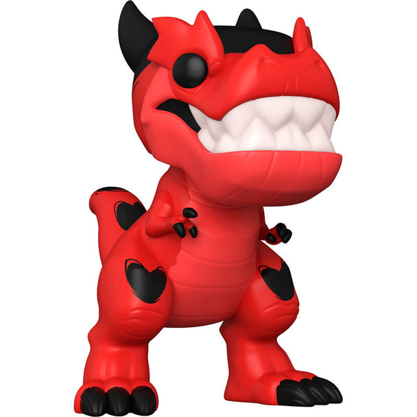 Figurine Funko POP de Devil Dinosaur rouge vif posée à côté de Moon Girl