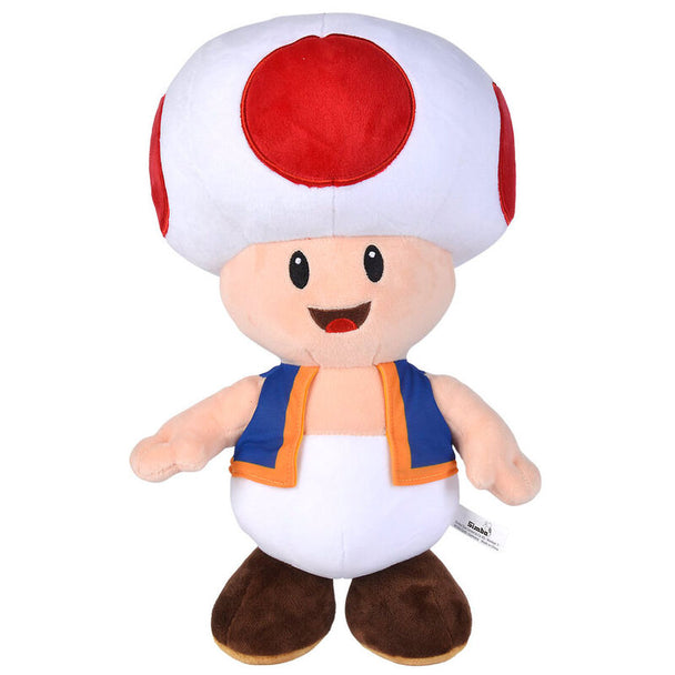 Peluche Toad Super Mario Bros de 40cm fabriquée par SIMBA, vue de face avec son chapeau blanc à pois rouges et son corps bleu et blanc.