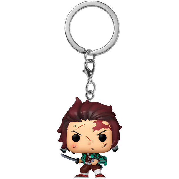 Vue de côté du porte-clés Pocket POP Funko Demon Slayer montrant la chaîne métallique et le design compact