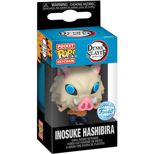 Vue rapprochée du porte-clés Inosuke Hashibira Demon Slayer par FUNKO, montrant la qualité du design et l'anneau métallique