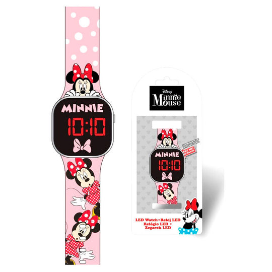 Montre LED Disney Minnie Mouse vue de face avec cadran illuminé et bracelet coloré pour enfants