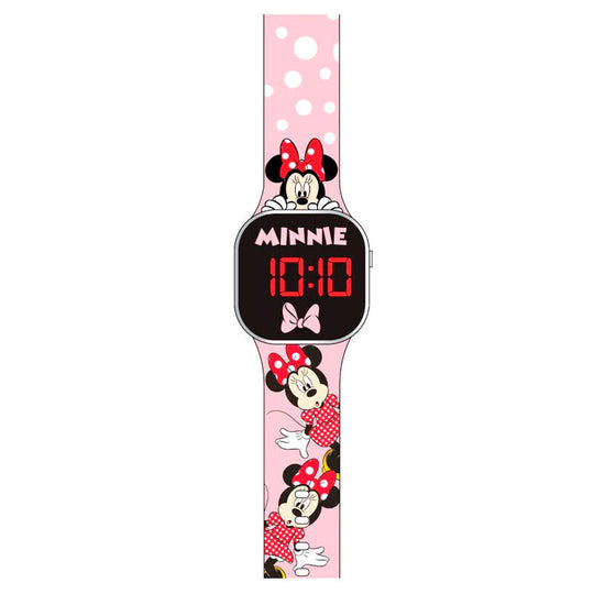 Détail de la montre Disney Minnie Mouse montrant l'éclairage LED et le design compact 18x7,5x3 cm