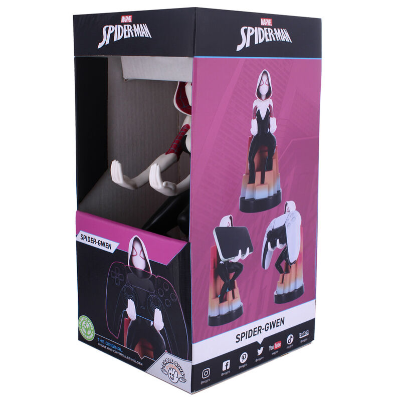 Spider Gwen Cable Guy tenant un câble de charge (non inclus) sur bureau gaming