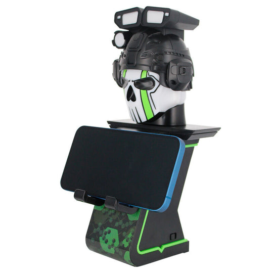 Vue rapprochée du support Cable Guy Ikon montrant le design comic book sur la colonne blanche