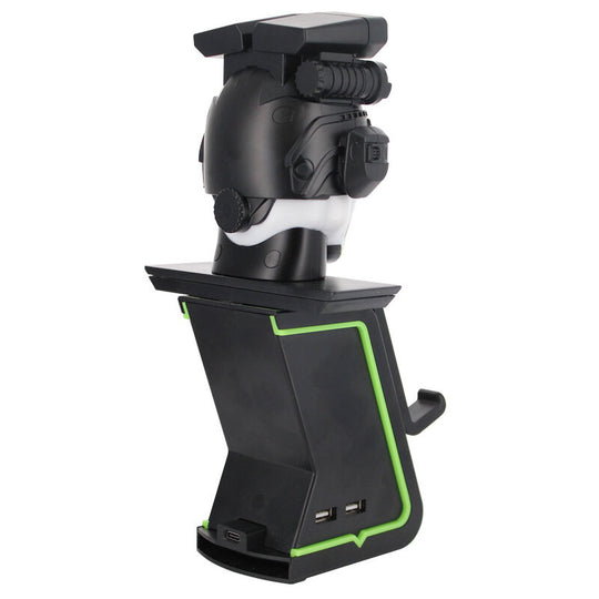 Vue de face du support Cable Guy Ikon avec manettes et téléphone posés sur le plateau