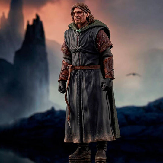 Vue latérale de la figurine Boromir The Lord of the Rings avec accessoires inclus