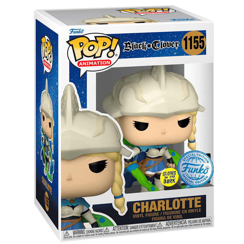 Vue latérale de la boîte Funko POP Charlotte exclusive Black Clover mettant en avant le design collector