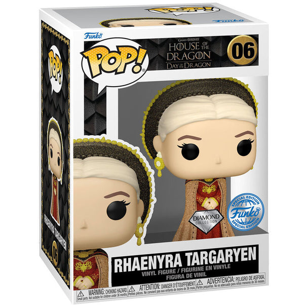 Vue latérale de la figurine Funko POP Rhaenyra Targaryen dans sa boîte collector Game of Thrones House of the Dragon