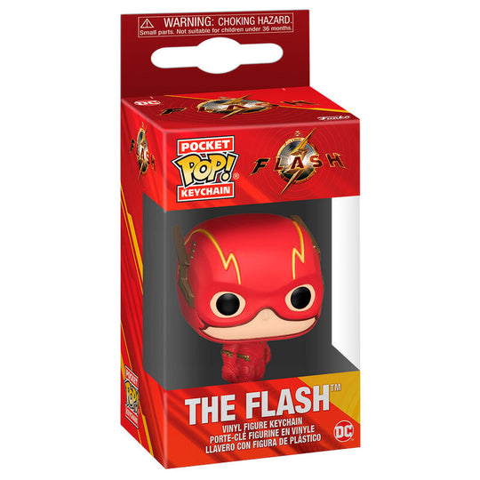 Porte-clés Pocket POP The Flash de face montrant le design funko-pop détaillé du super-héros rouge et jaune.