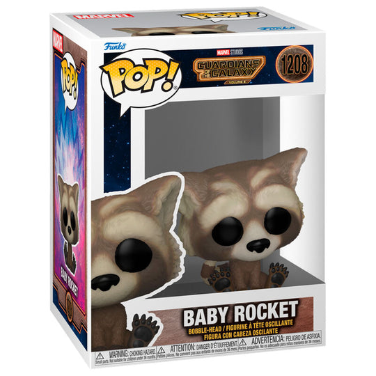 Figurine Funko POP Baby Rocket des Gardiens de la Galaxie 3 en vinyle de 9 cm dans sa boîte vitrine transparente