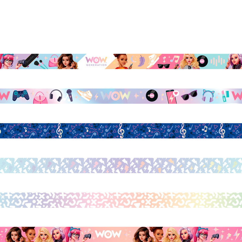 Vue rapprochée des motifs détaillés sur les rubans washi du set WOW Generation