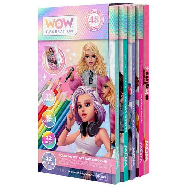 Boîte ouverte du set WOW GENERATION avec 48 crayons de couleur organisés par type