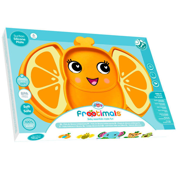 Assiette Frootimals Orangiefly en silicone anti-dérapante avec trois compartiments colorés pour bébé