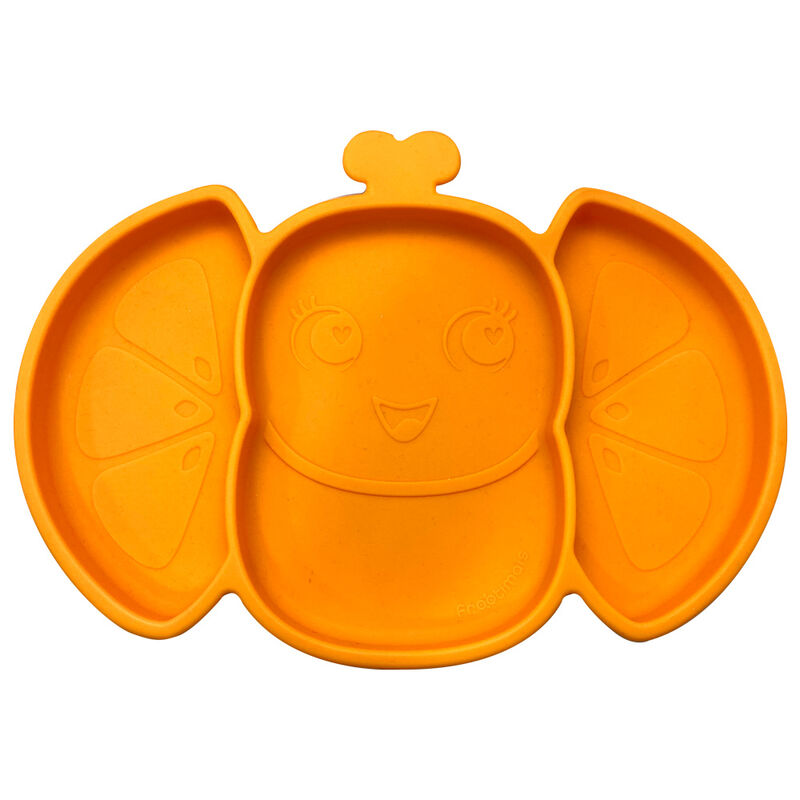 Vue rapprochée de l'assiette Frootimals en silicone légère et sans BPA, posée sur une table