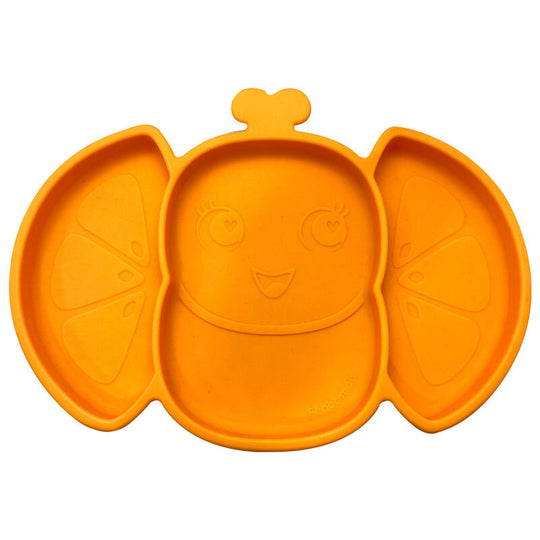 Vue rapprochée de l'assiette Frootimals en silicone légère et sans BPA, posée sur une table