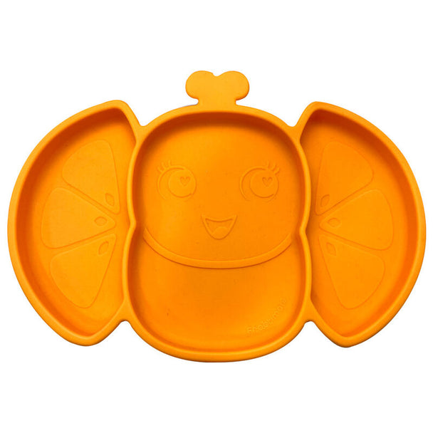 Vue rapprochée de l'assiette Frootimals en silicone légère et sans BPA, posée sur une table