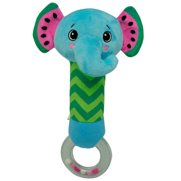 Hochet peluche Melany Melephant Frootimals, vue de face avec textures douces pour bébé