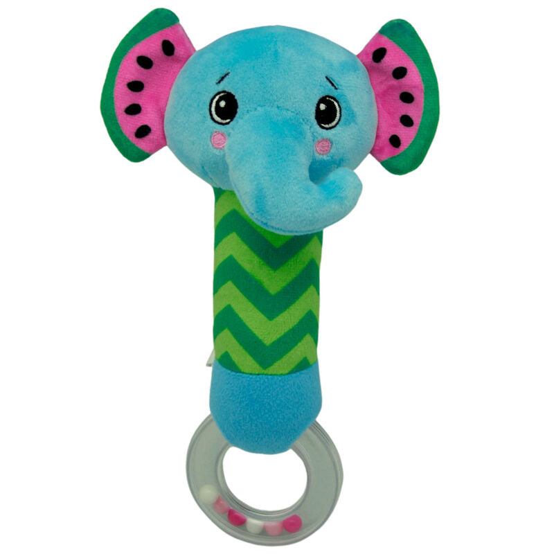 Hochet peluche Melany Melephant Frootimals, vue de face avec textures douces pour bébé