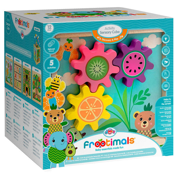 Cube sensoriel en bois Frootimals avec cinq panneaux d'activités colorés pour bébé, dimensions 23x23x23 cm.