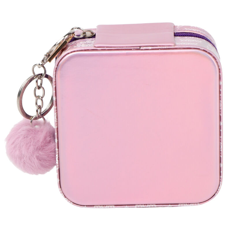 Détail du pompon avec charm pailleté WOW Generation accroché à la fermeture zippée de la boîte à bijoux