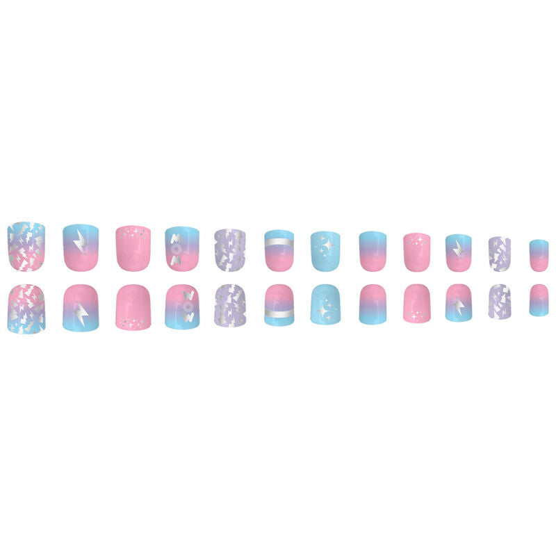Vue rapprochée du set de 24 ongles adhésifs colorés WOW GENERATION pour enfants, présentant des motifs variés et attrayants