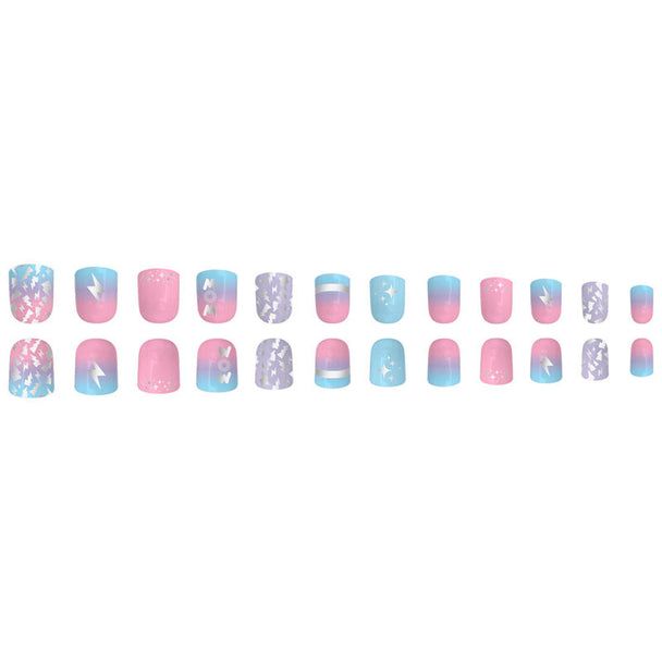 Vue rapprochée du set de 24 ongles adhésifs colorés WOW GENERATION pour enfants, présentant des motifs variés et attrayants