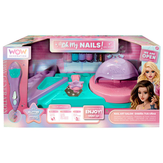 Accessoires du studio nail art Wow Generation incluant vernis, lime et outils de décoration.
