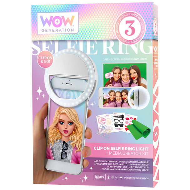 Kit anneau lumineux WOW GENERATION fixé sur smartphone avec éclairage activé pour selfies et vidéos créatives.