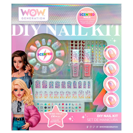 Set manucure Wow Generation avec faux ongles parfumés, stickers et vernis rose et lilas sur fond blanc