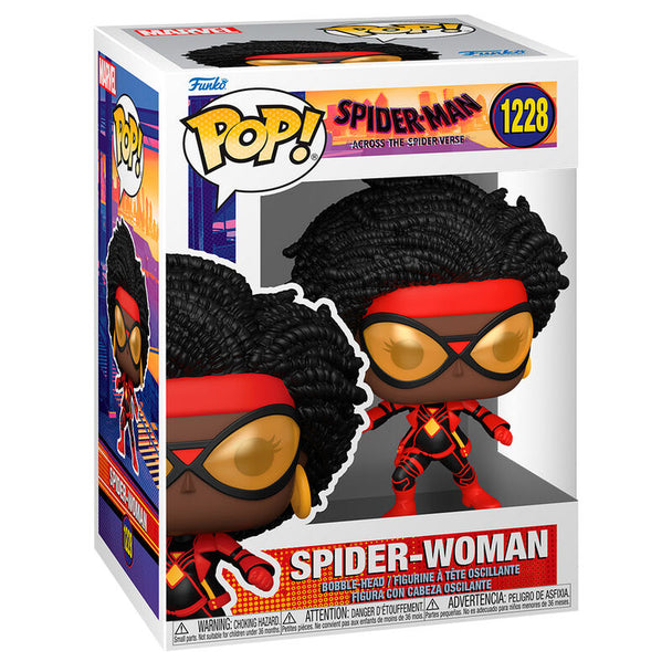 Figurine Funko POP Spider-Woman Marvel Spiderman Across the Spiderverse vue de face dans sa boîte vitrine de 9 cm