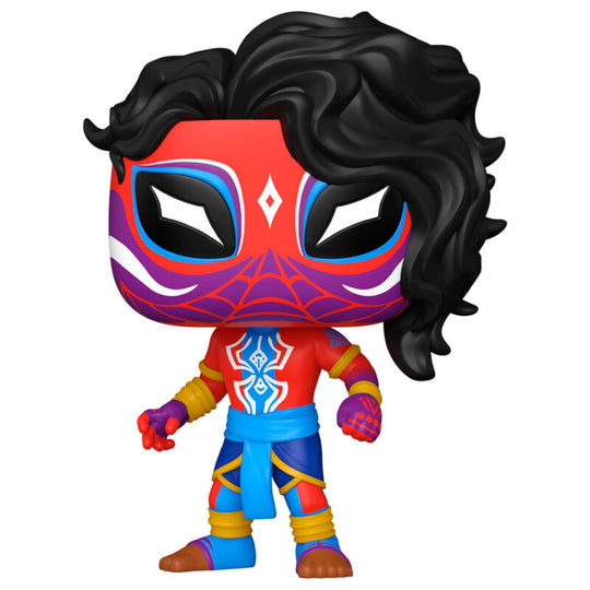 Vue rapprochée de la figurine Funko POP Spider-Man India avec détails colorés et boîte transparente