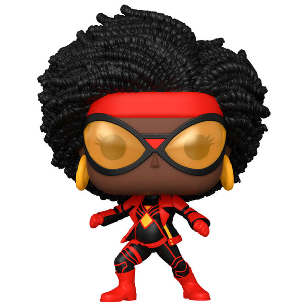 Détail de la figurine Funko POP Spider-Woman Marvel Spiderman Across the Spiderverse montrant le design et les couleurs vives
