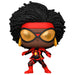 Détail de la figurine Funko POP Spider-Woman Marvel Spiderman Across the Spiderverse montrant le design et les couleurs vives