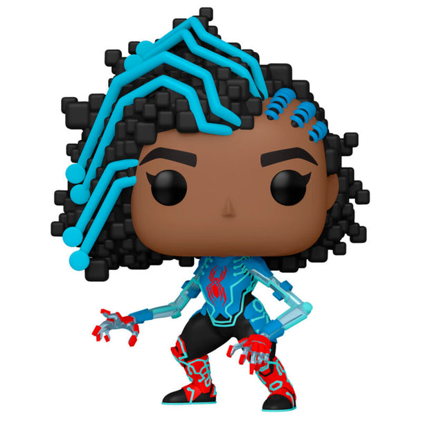 Détail de la figurine Funko POP Spiderman Across the Spiderverse montrant les couleurs et le design vinyle