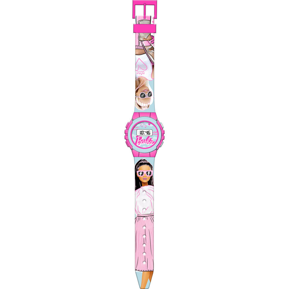 Montre digitale Barbie MATTEL vue de face avec écran numérique et bracelet coloré, dimensions 29x9,5cm