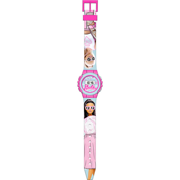 Montre digitale Barbie MATTEL vue de face avec écran numérique et bracelet coloré, dimensions 29x9,5cm