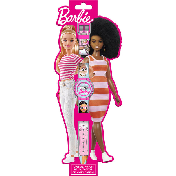 Zoom sur le cadran digital lumineux de la montre Barbie MATTEL pour enfants, affichage clair et design attractif