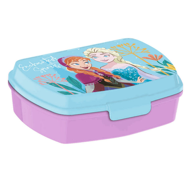 Boîte à lunch Disney La Reine des Neiges avec motifs colorés et personnages du film pour enfants.