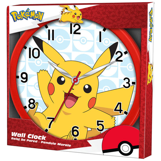 Vue rapprochée de l'horloge murale Pokémon KIDS LICENSING montrant les détails des aiguilles et du cadran