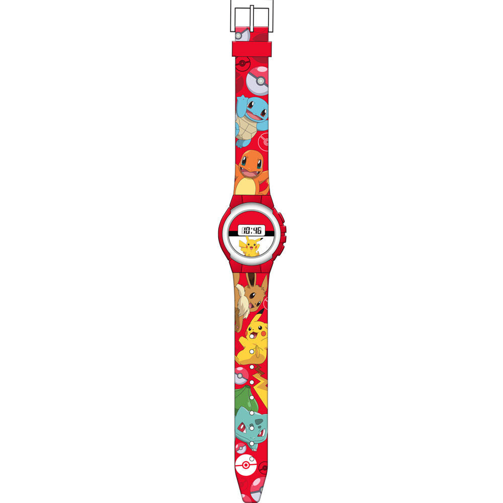 Détail de la montre digitale Pokémon montrant les boutons de réglage et le bracelet confortable